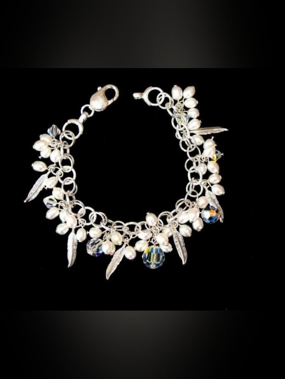 Handcrafted .925 Solid SS Cha Cha Charm Bracelet W/ FW Pearls/SS Feather Charms